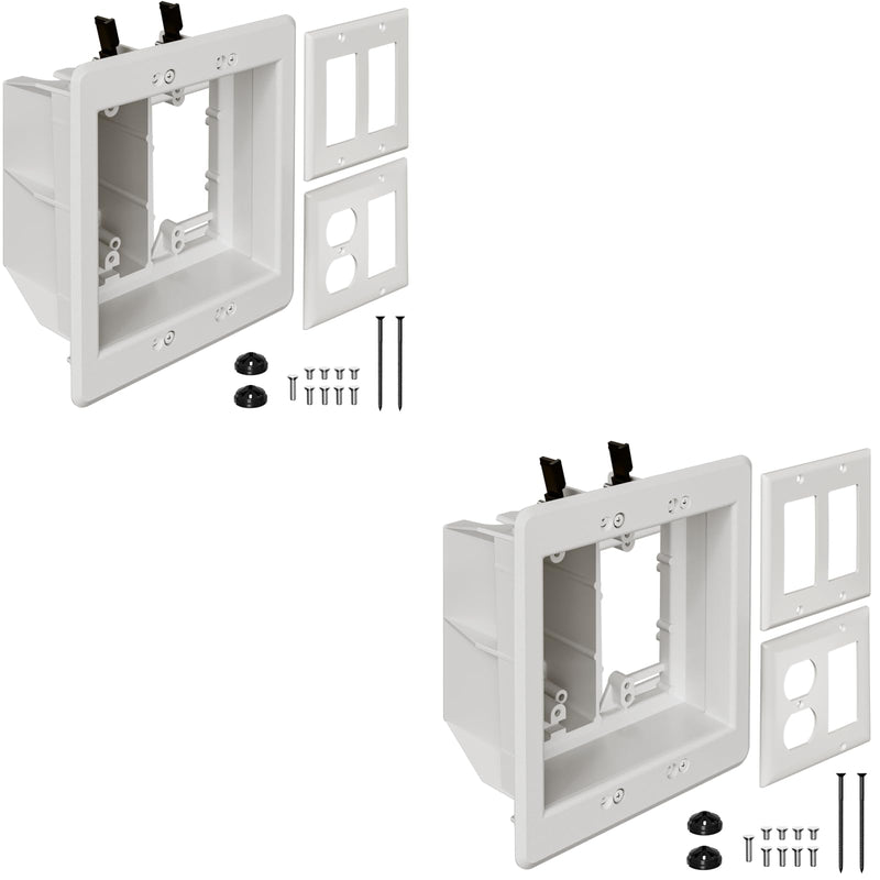 TVBU505-1 Recessed Outlet Box, 2Pcs Recessed Electrical Box for Wall Mount TV, Outlet Mounting Box for New Construction&Retrofit Projects, Wall Outlet Box with Duplex & Decorator Style Covers,2-Gang 2-Gang, 2 Pack