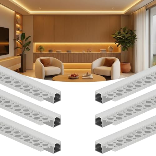 6 Pack 3.3FT/1M Plaster-in LED Channel, led Diffuser Channel Trimless Recessed Drywall Aluminum LED Profile Track for Wall & Ceiling, Milky Diffuser Cover 6 Pack-3.3ft/1Meter