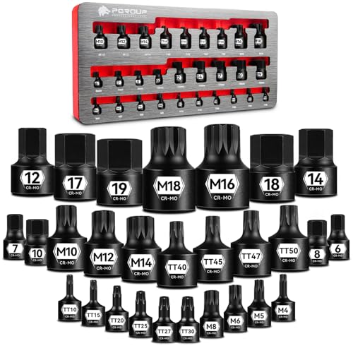 ZHAX 28-Piece Triple Square Spline(XZN), Tamper-proof Torx and Low Profile Metric Hex Bit Socket Set, Stubby Impact Design, 1/4", 3/8" and 1/2" Drive, CR-MO 28 pcs