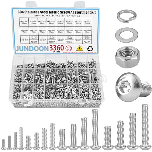 3360Pcs Metric Machine Screw Assortment Kit, M2 M3 M4 M5 304 Stainless Steel Hex Socket Button Head Bolts and Nuts Kit with Lock Washers & Flat Washers Set 3360 Button Head M2 M3 M4 M5