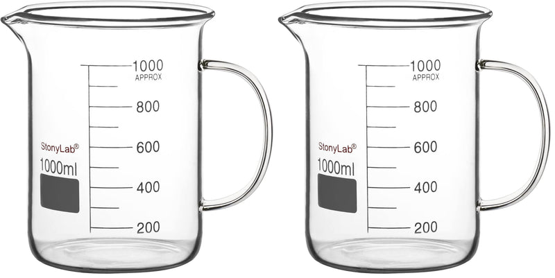 stonylab Glass Beaker with Handle, Borosilicate Glass Graduated Low Form Griffin Beaker with Handle and Pouring Spout, 1000 ml (Pack of 2) 1000 ml (Pack of 2)