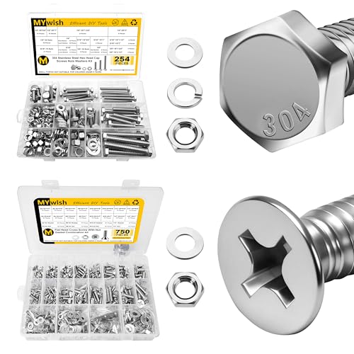 Mywish 254Pcs Nuts and Bolts Assortment Kit & 750Pcs Phillips Flat Head Assorted Screws Nuts and Bolts, 304 Stainless Steel Machine Screw Assortment Kit, Bolts and Nuts Kit with Flat Spring Washers