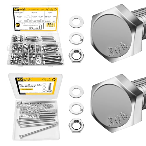 Mywish 254Pcs Nuts and Bolts Assortment Kit & (10 Sets) 1/4-20x4 Hex Head Assorted Screws with Nuts and Bolts, Heavy Duty 304 Stainless Steel Bolts and Nuts Kit with Flat Spring Washers