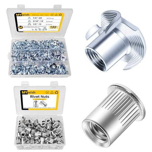 Mywish 180Pcs 1/4-20 5/16-18 3/8-16 T-nut Assortment Kit & 100Pcs 5/16 Nut Rivet Nuts, 4 Pronged T Blind T Nut， Wood Working, Furniture Hardware Nuts, Flat Head RIV Nuts Rivets Nutsert, 5/16-18 Nut