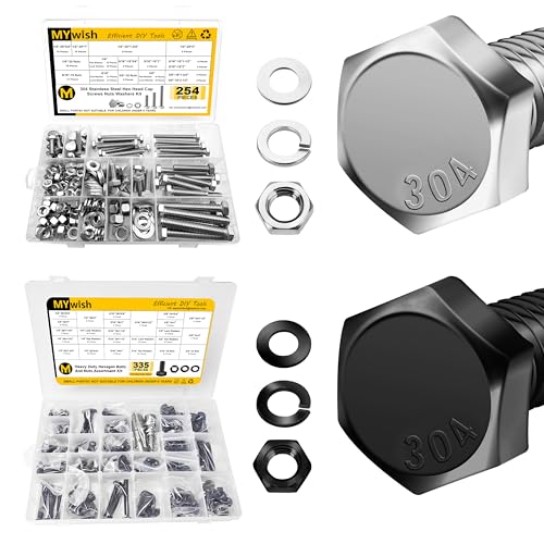 Mywish 254Pcs Bolts and Nuts Kit & 355PCS Black SAE Hex Head Nuts and Bolt Assortment Kit, 304 Stainless Steel Assorted Screws Nuts and Bolts with Drill Bits, Bolts and Nuts Kit with Flat Spring Washe
