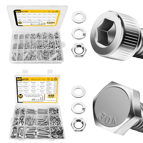 Mywish 2200pc M2-M5 Bolts and Nuts Metric Screw Assortment & 448PCS Metric Bolt Assortment, 304 Stainless Steel, Nuts and Bolts Set Flat & Spring Washers, Hex Head Cap Screws Bolts and Nuts Kit, Fully