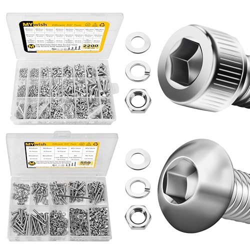 Mywish 2200pc M2-M5 Anti Rust Machine Screws Assortment Kit & 550Pcs M3 Nuts and Bolts Metric Screw 304 Stainless Steel, Hex Button Head Cap Metric Screws, Flat Washers/Nuts/Hex Wrenches