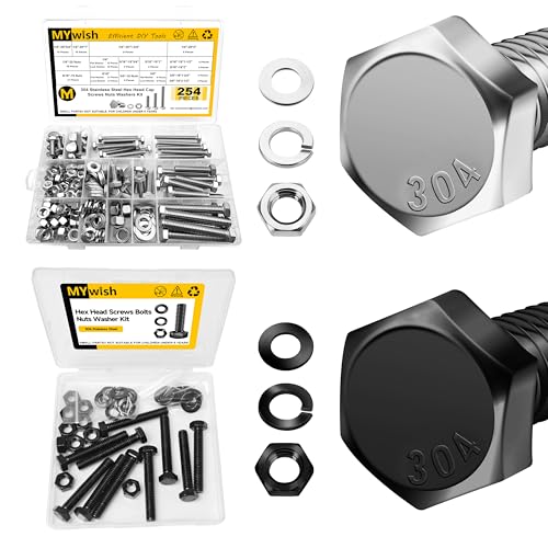 Mywish 254Pcs Nuts and Bolts Assortment Kit & (10 Sets) 5/16-18 x 2" Hex Head Bolts,Heavy Duty 304 Stainless Steel Bolts and Nuts Kit with Flat Spring Washers