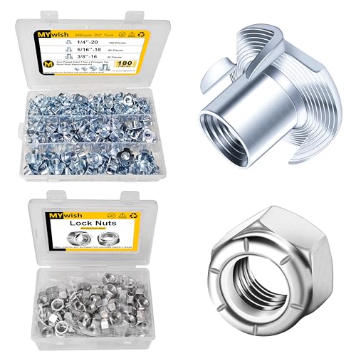 Mywish 180Pcs 1/4-20 5/16-18 3/8-16 T-nut Assortment Kit & 200Pcs #6-32 Nylon Insert Hex Lock Nuts,4 Pronged T Blind T Nut, & Furniture Hardware Nuts, Stainless Steel Self-Locking Nylon Locknuts