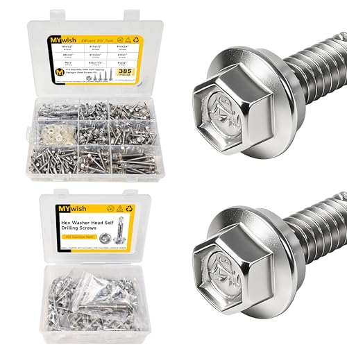 Mywish 385 Pieces Hex Head Self Drilling Screws Assortment Kit & 200pcs #10×1" Self Tapping Screws for Metal, Sheet Metal Screws, Hex Washer Head Self Drilling Screws