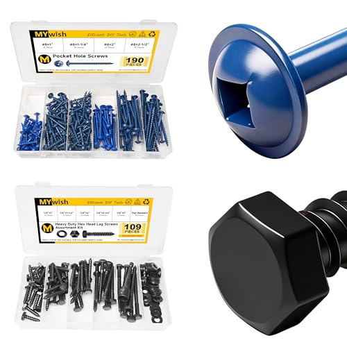 Mywish 190Pcs #8 Pocket Hole Screws & 109Pcs 1/4" Hex Head Lag Screws Assortment Kit, Self Tapping Pocket Screws with Square Drive, Heavy Duty Lag Bolts with Washers