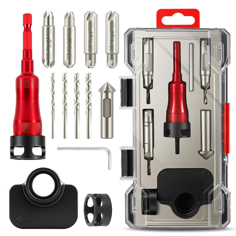 BURMONG 5-Piece Countersink Drill Bit Set with Bearing Depth Stop & Chamfer Tool, 1/4" Hex Shank Quick Change Bi-Directional Cutting Edges for Woodworking (with Adjustable Bearing Depth Stop) With Adjustable Bearing Depth Stop