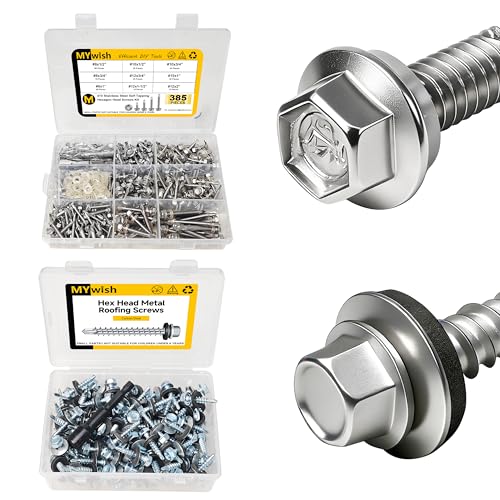 Mywish 385 Pieces #8#10#12 Hex Head Self Drilling Screws Assortment Kit & 100pcs #10 x 1 Hex Head Self-Drilling Sheet Metal Roofing Screws, High Strength Sheet Metal Screws