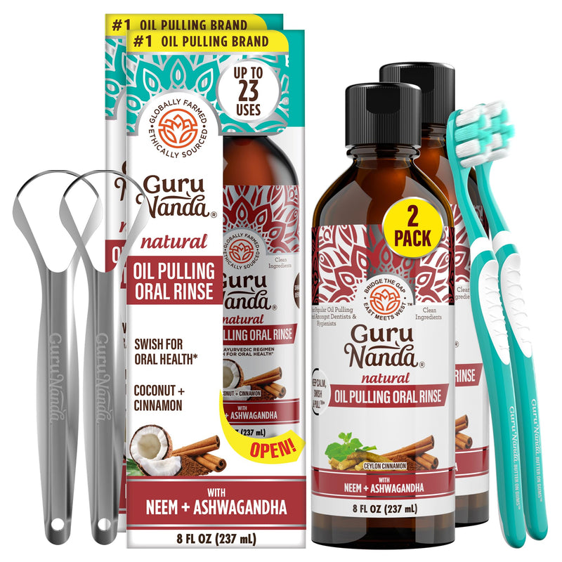 GuruNanda Cinnamon Oil Pulling Mouthwash, Promotes Calmness, with Neem & Ashwagandha for Fresh Breath & Happy Gums, Alcohol-Free, with Toothbrush & Tongue Scraper, 8 Oz (Pack of 2) 8 Fl Oz (Pack of 2)