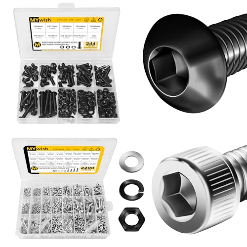 Mywish 244Pcs M5 Screw Metric Screw Assortment & 2200pc M2-M5 Metric Screw Assortment Kit, Stainless Steel Hex Bolts & Nuts, Spring Washers, Anti-Rust, with Hex Wrenches
