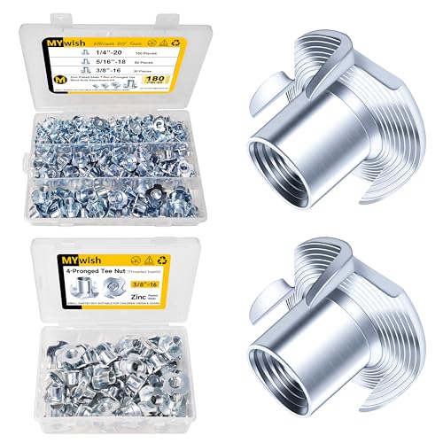 Mywish 180Pcs 1/4-20 5/16-18 3/8-16 T-nut Assortment Kit & 50Pcs 3/8-16 T Nuts, 4 Pronged T Blind T Nut Zinc-Plated Alloy Steel, Wood Working, Rock Climbing Holds & Furniture Hardware Nuts