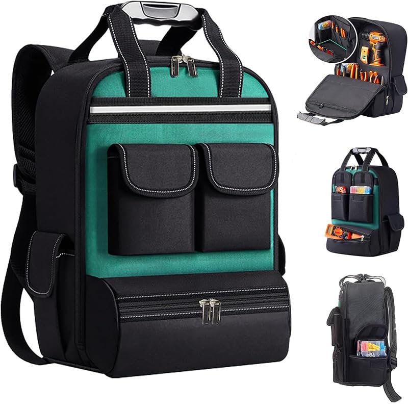 Garvee Tool Backpack, 18" Heavy Duty Tool Bag Organizer with Multiple Pockets and Shoulder Straps, Perfect for Electricians, Mechanics, HVAC Engineers, and Contractors, Black and Green