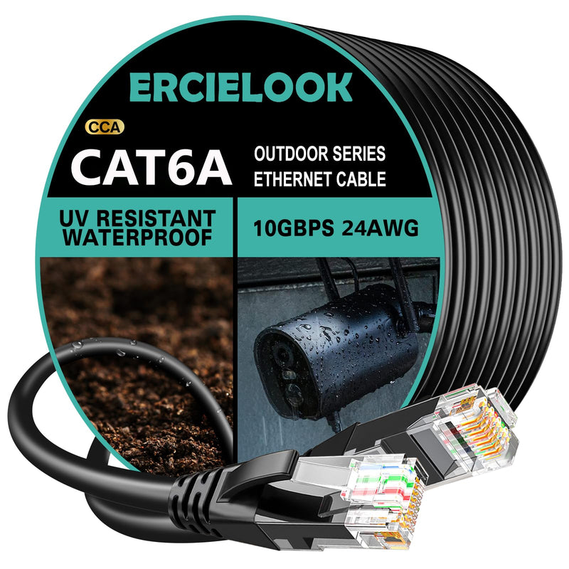 Ercielook Cat6a Outdoor Ethernet Cable150ft, High Speed 24AWG 10Gbps CCA UTP Network Cable, Direct Burial LLDPE UV Jacket LAN Cable for Router, Modem, POE Camera 150FT Black