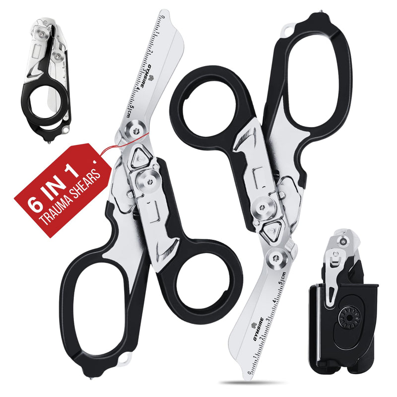 2 Pack Heavy Duty 6 in 1 Multifunctional Trauma Shears Foldable | Stainless Steel emergency response scissors | Survival Shears with Holster | Medical Trauma shears Tactical With Strap Cutter Black 2