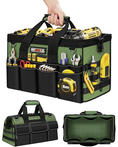 18-Inch Heavy Duty Tool Bag, 19-Pockets Tool Box Organizer, Portable Toolbag W/Soft Handle for Organized Storage, Mechanic Gifts for Men Dad Husband Fathers Day, Wide Mouth Electrician Toolbox, Green 18 Inch Handle