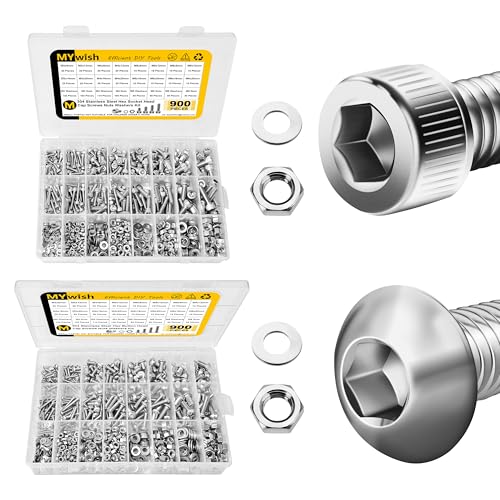 Mywish 900Pcs M3 M4 M5 M6 Metric Screw Assortment & 900PcsM3 M4 M5 M6 Screw Assortment Kit, 304 Stainless Steel Hex Socket Button Head Socket Cap Metric Screws, Bolts & Flat Washers/Nuts/Hex Wrenches