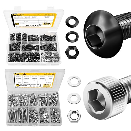 Mywish 640Pcs M6 Screw Black Bolts and Nuts Kit & 244Pcs M5 Screw Metric Screw Assortment Kit, Head Cap Screw Metric Bolts Assortment, Machine Screws, Fully Threaded Hex Wrenches