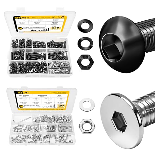 Mywish 640Pcs M6 Screw Black Bolts and Nuts Kit & 345Pcs Metric M4 Screws Assortment Kit, Head Cap Screw Metric Bolts Assortment, Machine Screws, Fully Threaded Hex Wrenches