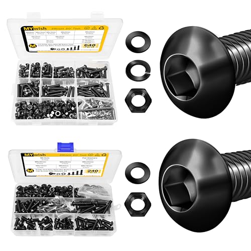 Mywish 640Pcs M6 Screw Black Bolts and Nuts Kit & 240 Pieces M6 Screw Nuts and Bolts Assortment Kit, 10.9 Grade Alloy Steel, Nuts and Bolts Button Head Socket Cap, Flat Washers Hex Wrenches