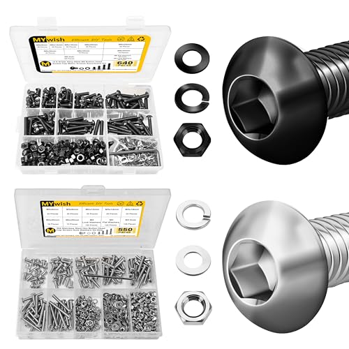 Mywish 640Pcs M6 Screw Black Bolts and Nuts Kit & 550Pcs M3 Screw Metric Screw Assortment, 3D Printer DIY Metric Bolt Assortment, Flat & Spring Lock Washers/Nuts/Hex Wrenche
