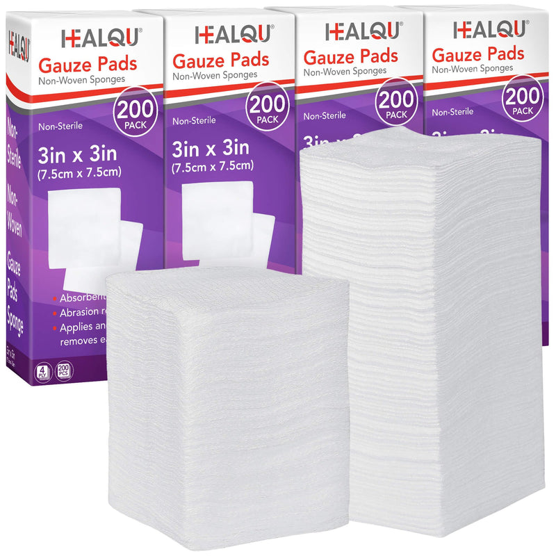 HEALQU 800 Gauze Pads 3x3 - (4x200 Value Pack) 4-Ply Non-Woven Sponges, Non-Sterile | Ultra-Absorbent Lint-Free Medical Squares | Bulk Gauze for Wound Care, Dental, Esthetic Wipes & First Aid Sponges 3x3 (200 Pack X4)