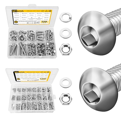 Mywish 159 Piece M6 Screw Assortment Kit & 1290 Pieces M2 M3 M4 M5 Screw Nuts and Bolts Assortment Kit, 304 Stainless Steel Button Head Socket Cap Metric Screws, Bolts, Washers, Nuts, Hex Wrenches