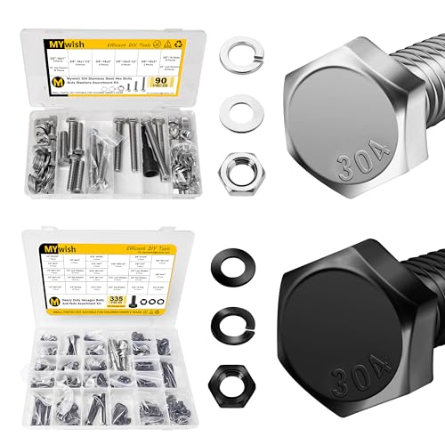 Mywish 90Pcs 3/8 Hex Head Nuts and Bolts Assortment Kit & 355PCS SAE Hex Head Nuts and Bolt Assortment Kit, 304 Stainless Steel Assorted Screws Nuts and Bolts with Drill Bits