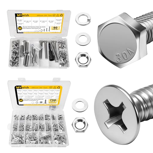 Mywish 90Pcs 3/8 Hex Head Nuts and Bolts Assortment Kit & 750Pcs #6-32#8-32#10-24 1/4-20" Nuts and Bolts Assortment Kit, 304 Stainless Steel Machine Screw Assortment Kit