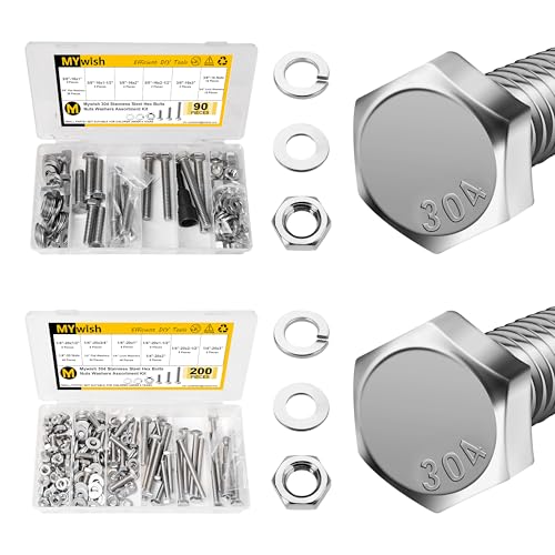 Mywish 90Pcs 3/8 Hex Head Nuts and Bolts Assortment Kit & 200PCS 1/4-20 Bolt Nuts and Bolts Assortment Kit, 304 Stainless Steel Assorted Nuts and Bolts Kit with Hex Nuts and Washers