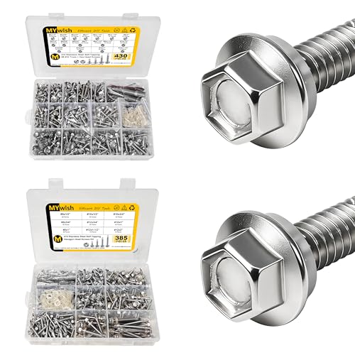 Mywish 430PCS Self Tapping Screws Assortment Kit & 385 Pieces #8#10#12 Hex Head Self Drilling Screws Assortment Kit, 410 Stainless Steel Self Tapping Screws for Metal, High-Strength Self Drilling Scre
