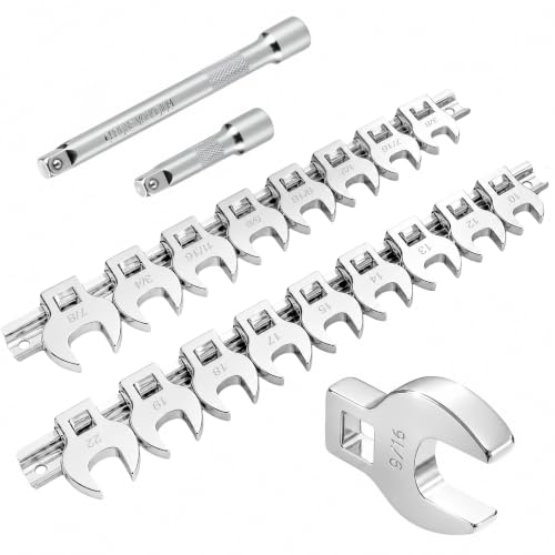 19PCS Crows Foot Wrench Set, SAE & Metric Crowfoot Wrench Set with 2 Connectable Extension Bars, 3/8" Drive CR‑V Steel, Metric 10‑22mm & SAE 3/8"‑7/8" Metric and SAE