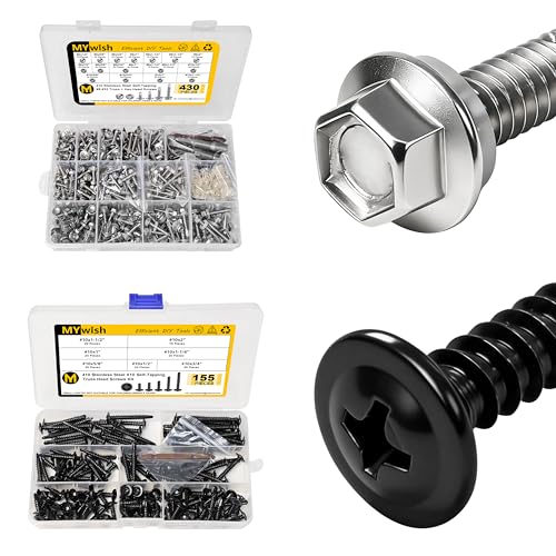 Mywish 430PCS Self Tapping Screws Assortment Kit & 155Pcs Black Self Tapping Screws for Metal, Truss Head 410 Stainless Steel Self Drilling Screws, Sheet Metal Screws Assortment Kit