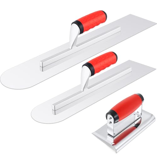 Large 20" & 16" Concrete Finishing Trowel Set, Stainless Steel Masonry & Plastering Finishing Trowels, Square & Round End Trowels with 6" x 3" 1/4" R Edger, DIY Patio, Driveway & Small Projects One Square, One Circle