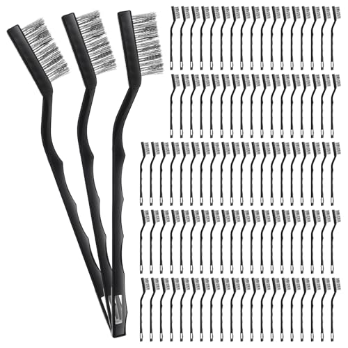 100 Pcs Mini Wire Brush Set Stainless Steel Wire Bristle Scratch Brush Small Metal Brushes for Cleaning Curved Handle Masonry Welding for Cleaning Welding Slag and Rust Tool, Black, 6.7 Inches 100
