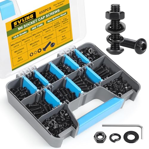 655PCS M6 Bolt Assortment Kit, M6 x 10/12/14/16/20/25/30/35mm Button Head Hex Socket Cap Screws Nuts Bolts Washer Assortment Kit 10.9 Grade Alloy Steel Black Oxide M6 655PCS Button Black