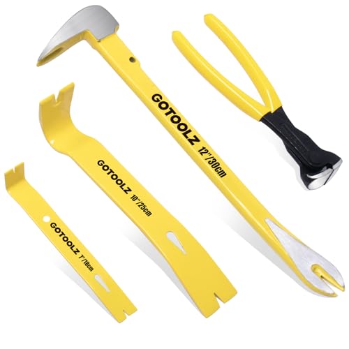 4-Piece Pry Bar Set, 12-Inch Utility Claw Pry Bar, 10-Inch & 7.5-Inch Flat Pry Bars Crowbar Claw, 8-Inch End Cutting Pliers, Nail Remover Tool for Baseboard, Floor, Nails Removal (Yellow 2026) Yellow 2026