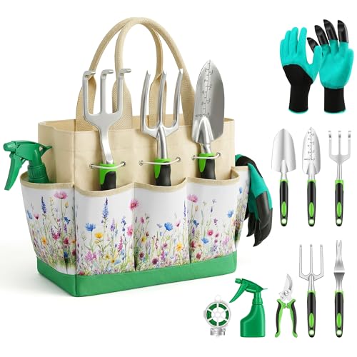 Gardening Tools 10-Piece, Heavy Duty Garden Tool Set with Fashion and Durable Garden Tools Organizer Handbag, Rust-Proof Gardening Hand Tools Weeding Kit, Ideal Gardening Gifts for Women Green