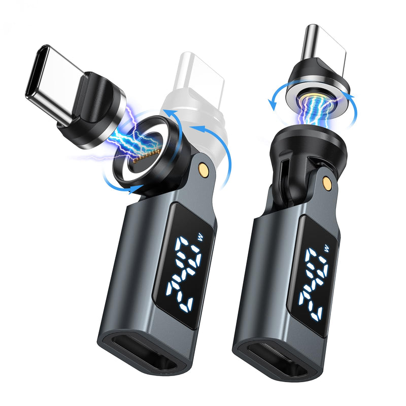 USB C Magnetic Adapter PD 240W(2Pack), 9PIN USB C 90 Degree Adapter with LED Digital Display/360 &180 Degree Power Meter Tester for 1Phone 17/16/15, Ma-Book Pro/1Pad Series, Samsung, Tablet, Laptop Gray USB Type C