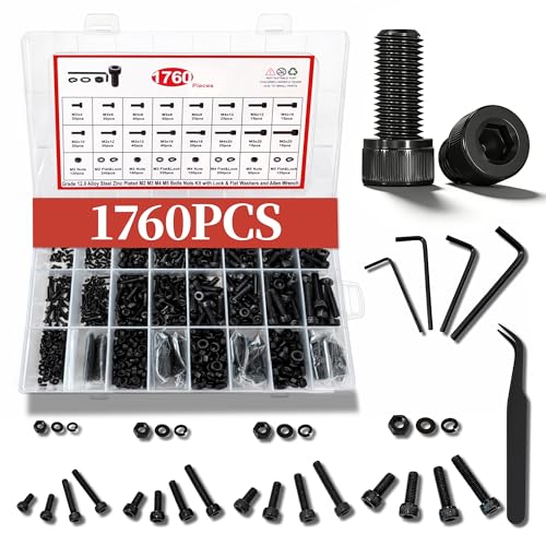 Metric Screw Assortment Kit, M2 M3 M4 M5 Bolt Assortment with Bolts and Nuts, Hex Socket Cap Head M Screws for 3D Printer Black Zinc Plated Grade 12.9 Alloy Steel M2-M5 1760 PCS
