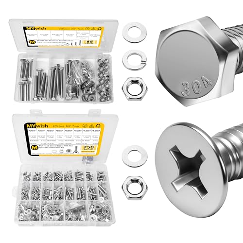 Mywish 85Pcs 5/16-18 Bolts and Nuts Kit & 750Pcs Phillips Flat Head Assorted Screws Assortment Kit, 304 Stainless Steel Bolts and Nuts Kit with Flat Spring Washers, Fully Threaded