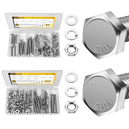Mywish 85Pcs 5/16-18 Bolts and Nuts Kit & 210Pcs 1/4 20 Hex Head Bolts and Nuts Assortment, 304 Stainless Steel Bolts and Nuts Kit with Flat Spring Washers, Fully Threaded