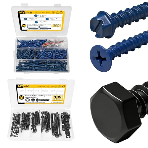 Mywish 200Pcs Concrete Screws Assortment Kit 1/4 3/16 & 109Pcs 1/4" Hex Head Lag Screws Assortment Kit, Heavy Duty Lag Bolts with Washers, Block Brick Cement Screws and Anchors