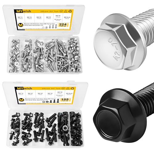 Mywish 224Pcs M6 Bolt x 12/16/20/25/30mm & 224Pcs 105Pcs M8x1.25 Bolt x 16/20/25/30/35mm Flanged Hex Head Bolts, Flange Hexagon Screws Serrated Flange Nuts and Bolts Assortment Kit