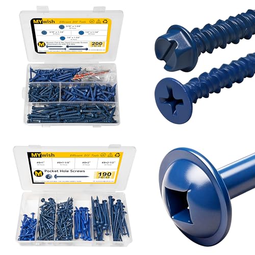 Mywish 200Pcs Concrete Screws Assortment Kit 1/4 3/16 & 190Pcs #8 Pocket Hole Screws, Wood Screws Assortment Kit, Self Tapping Pocket Screws, Block Brick Cement Screws and Anchors