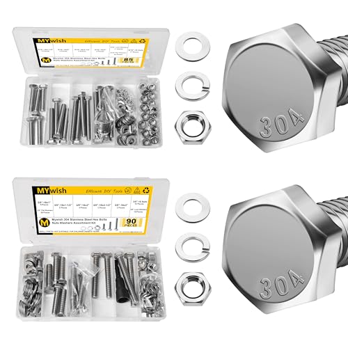 Mywish 85Pcs 5/16-18 Bolts and Nuts Kit & 90Pcs 3/8 Bolts, Hex Head Nuts and Bolts Assortment Kit, 304 Stainless Steel Bolts and Nuts Kit with Flat Spring Washers, Fully Threaded